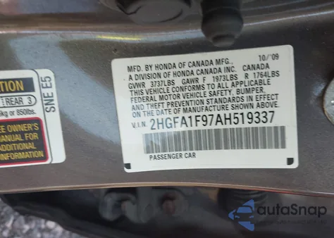 2010 Honda Civic Ex-L z USA, uszkodzony, nr VIN 2HGFA1F97AH519337